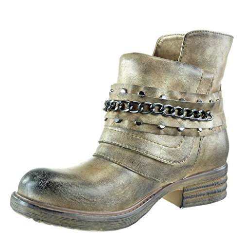 Angkorly - Zapatillas Moda Botines Cavalier Bimaterial Mujer Cadena Nodo Camuflaje Talón Tacón Ancho 3.5 CM - Oro 3308 T 36