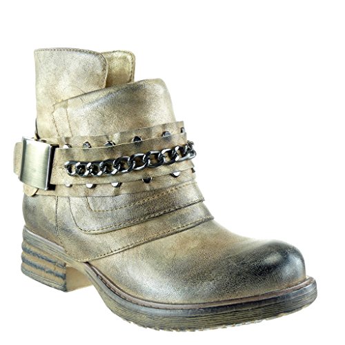 Angkorly - Zapatillas Moda Botines Cavalier Bimaterial Mujer Cadena Nodo Camuflaje Talón Tacón Ancho 3.5 CM - Oro 3308 T 36