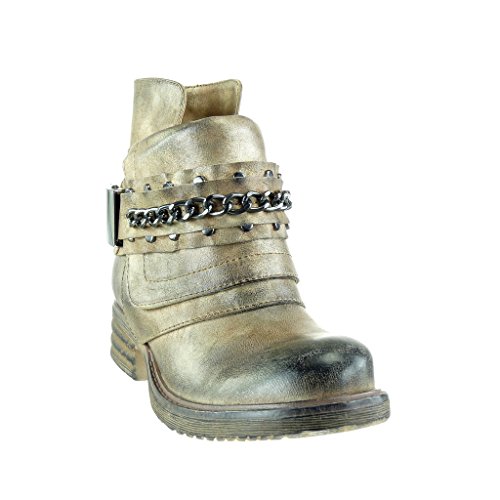 Angkorly - Zapatillas Moda Botines Cavalier Bimaterial Mujer Cadena Nodo Camuflaje Talón Tacón Ancho 3.5 CM - Oro 3308 T 36