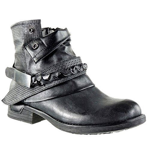 Angkorly - Zapatillas Moda Botines Cavalier Bimaterial Mujer Zapato Acolchado Nodo Camuflaje Talón Tacón Ancho 3 CM - Negro F1059 T 37