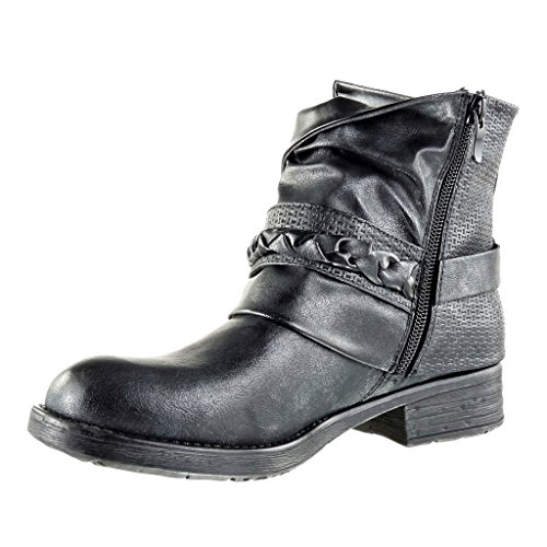 Angkorly - Zapatillas Moda Botines Cavalier Bimaterial Mujer Zapato Acolchado Nodo Camuflaje Talón Tacón Ancho 3 CM - Negro F1059 T 37