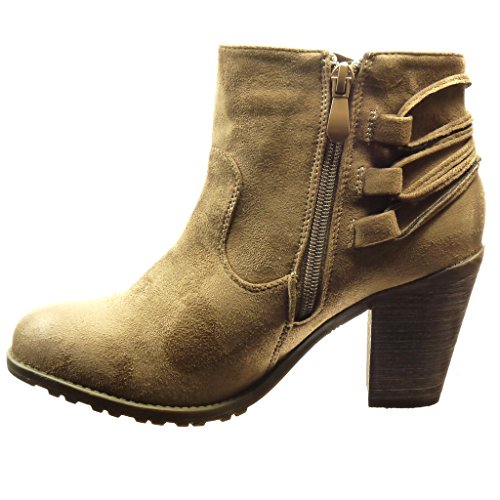 Angkorly - Zapatillas Moda Botines Cavalier Mujer Pompom Fleco Talón Tacón Ancho Alto 7 CM - Caqui 2306-1 T 41