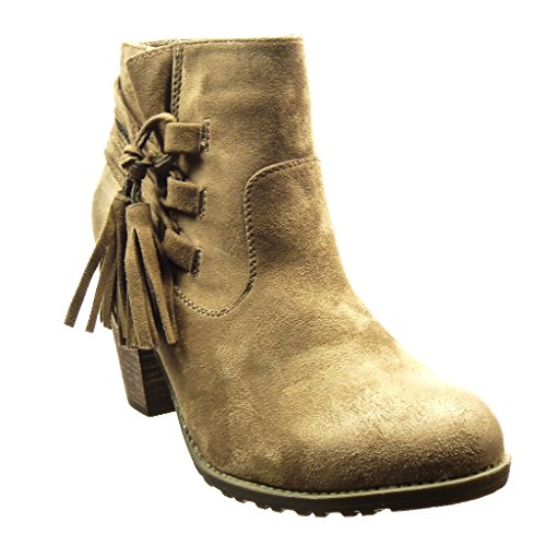 Angkorly - Zapatillas Moda Botines Cavalier Mujer Pompom Fleco Talón Tacón Ancho Alto 7 CM - Caqui 2306-1 T 41