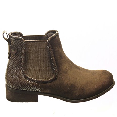 Angkorly - Zapatillas Moda Botines Chelsea Boots Bimaterial Mujer Piel de Serpiente Tachonado Talón Tacón Ancho 3 CM - Plantilla Forrada de Piel - Marrón F1006 T 36