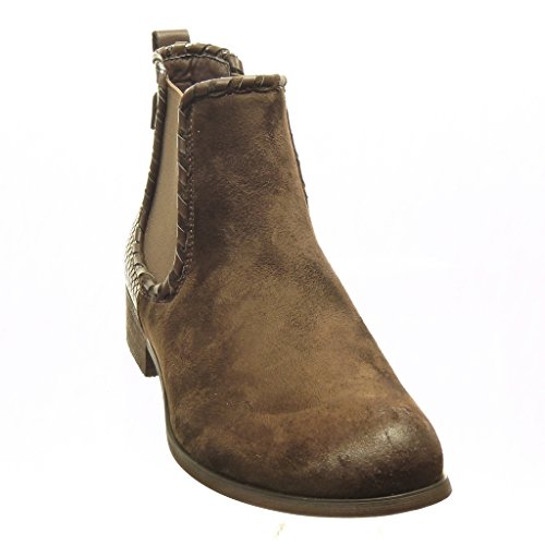 Angkorly - Zapatillas Moda Botines Chelsea Boots Bimaterial Mujer Piel de Serpiente Tachonado Talón Tacón Ancho 3 CM - Plantilla Forrada de Piel - Marrón F1006 T 36