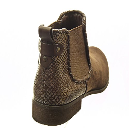 Angkorly - Zapatillas Moda Botines Chelsea Boots Bimaterial Mujer Piel de Serpiente Tachonado Talón Tacón Ancho 3 CM - Plantilla Forrada de Piel - Marrón F1006 T 36
