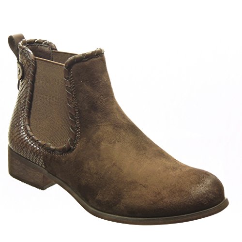 Angkorly - Zapatillas Moda Botines Chelsea Boots Bimaterial Mujer Piel de Serpiente Tachonado Talón Tacón Ancho 3 CM - Plantilla Forrada de Piel - Marrón F1006 T 36