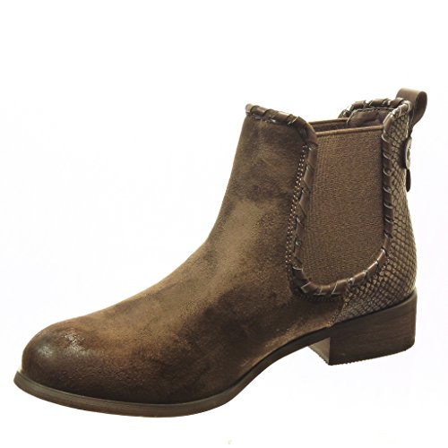 Angkorly - Zapatillas Moda Botines Chelsea Boots Bimaterial Mujer Piel de Serpiente Tachonado Talón Tacón Ancho 3 CM - Plantilla Forrada de Piel - Marrón F1006 T 36