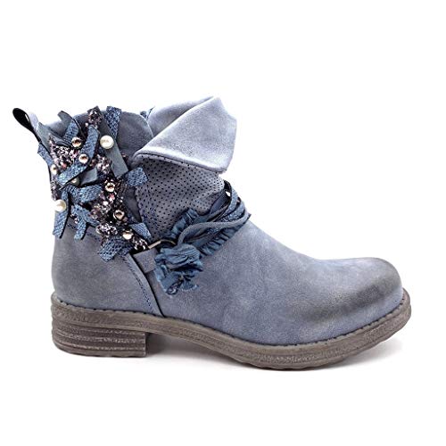 Angkorly - Zapatillas Moda Botines Reversible Biker Motociclistas Glam Rock Mujer fantasía Cuerda Perla Tacón Ancho 3 CM - Azul F3070 T 36