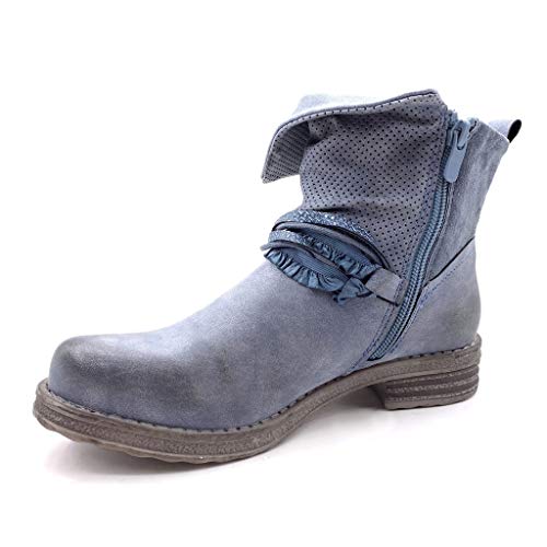 Angkorly - Zapatillas Moda Botines Reversible Biker Motociclistas Glam Rock Mujer fantasía Cuerda Perla Tacón Ancho 3 CM - Azul F3070 T 36
