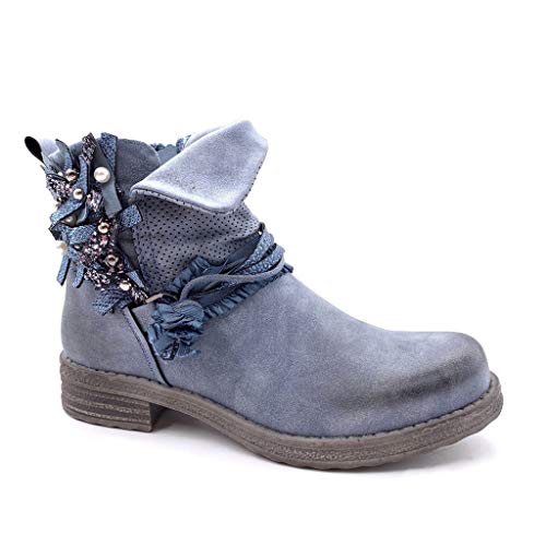 Angkorly - Zapatillas Moda Botines Reversible Biker Motociclistas Glam Rock Mujer fantasía Cuerda Perla Tacón Ancho 3 CM - Azul F3070 T 36