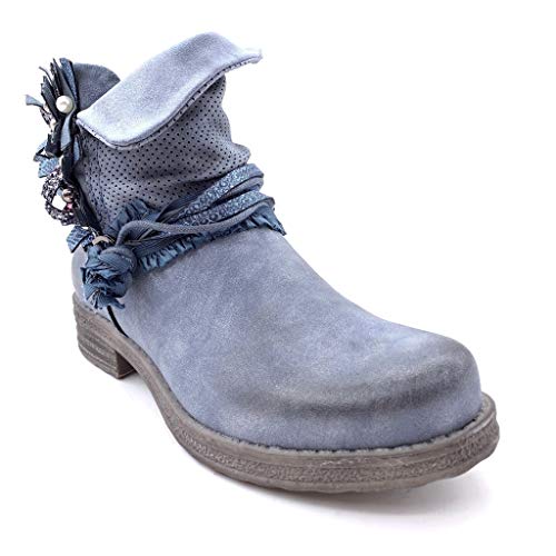 Angkorly - Zapatillas Moda Botines Reversible Biker Motociclistas Glam Rock Mujer fantasía Cuerda Perla Tacón Ancho 3 CM - Azul F3070 T 36