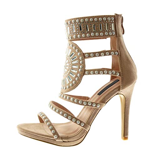 Angkorly - Zapatillas Moda Botines Sandalias Stiletto Mujer Strass Diamante Multi-Correa Tacón de Aguja Alto 11 CM - Rosa pálido L6101 T 39