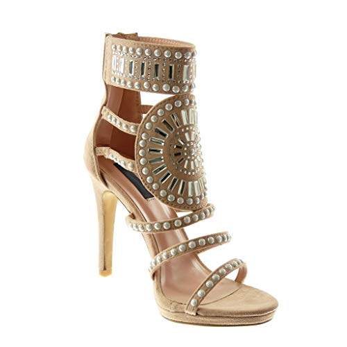 Angkorly - Zapatillas Moda Botines Sandalias Stiletto Mujer Strass Diamante Multi-Correa Tacón de Aguja Alto 11 CM - Rosa pálido L6101 T 39