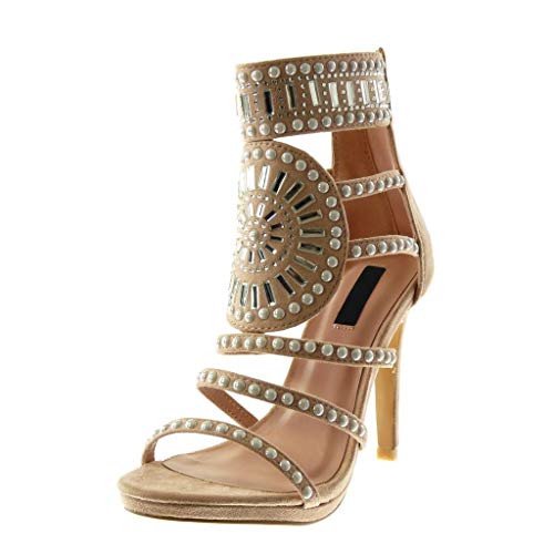 Angkorly - Zapatillas Moda Botines Sandalias Stiletto Mujer Strass Diamante Multi-Correa Tacón de Aguja Alto 11 CM - Rosa pálido L6101 T 39