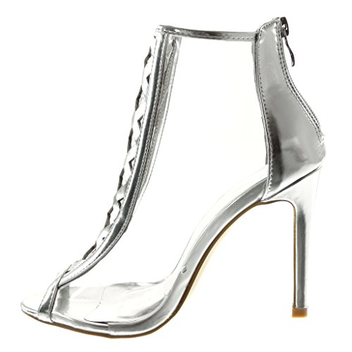 Angkorly - Zapatillas Moda Botines Stiletto Peep-Toe Elegante Mujer Transparente Correas Cruzadas Tacón de Aguja Alto 10.5 CM - Plata 238-7 T 39