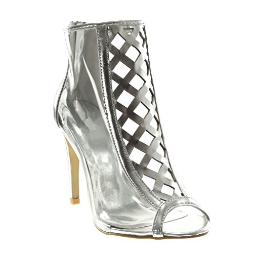 Angkorly - Zapatillas Moda Botines Stiletto Peep-Toe Elegante Mujer Transparente Correas Cruzadas Tacón de Aguja Alto 10.5 CM - Plata 238-7 T 39