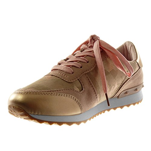 Angkorly - Zapatillas Moda Deportivos Sporty Chic Tennis Bimaterial Mujer Camuflaje Tachonado tacón Plano 3 CM - Rosa C16-10 T 36