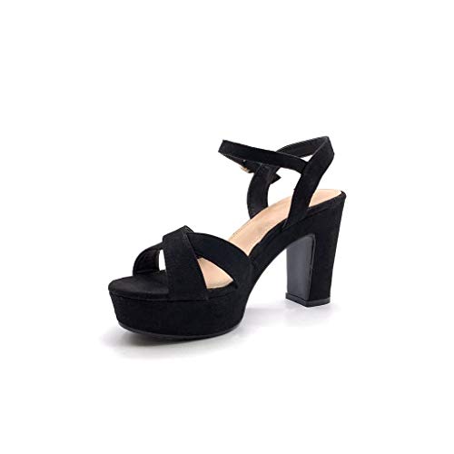 Angkorly - Zapatillas Moda Sandalias Alpargata Correa de Tobillo comode Matrimonio Ceremonia Mujer Correas Cruzadas básica  Tacón Ancho Alto 10 CM - Negro 3 88-290 T 39