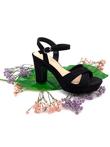 Angkorly - Zapatillas Moda Sandalias Alpargata Correa de Tobillo comode Matrimonio Ceremonia Mujer Correas Cruzadas básica  Tacón Ancho Alto 10 CM - Negro 3 88-290 T 39
