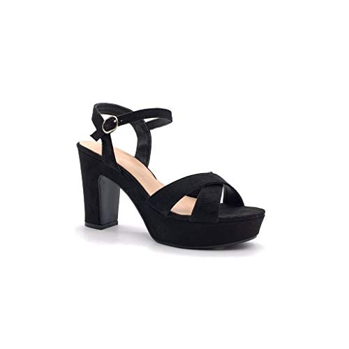 Angkorly - Zapatillas Moda Sandalias Alpargata Correa de Tobillo comode Matrimonio Ceremonia Mujer Correas Cruzadas básica  Tacón Ancho Alto 10 CM - Negro 3 88-290 T 39