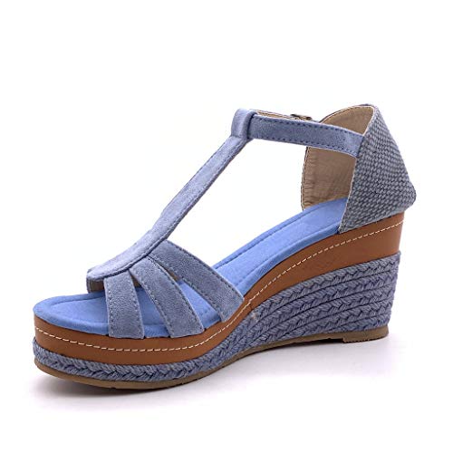 Angkorly - Zapatillas Moda Sandalias Alpargata Correa-T Abierto Correa de Tobillo Mujer Correas Trenzado Plataforma 8 CM - Azul FL32 T 41