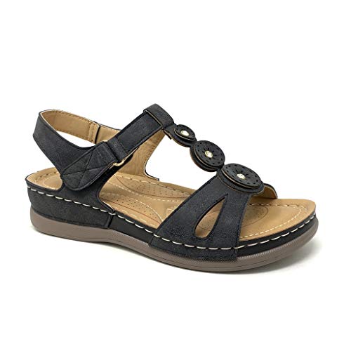 Angkorly - Zapatillas Moda Sandalias Estilo ortopedico Senior Correa-T Mujer Correas Acabado Costura Pespunte Tacón Plano 3.5 CM - Negro 18 D-90 T 36
