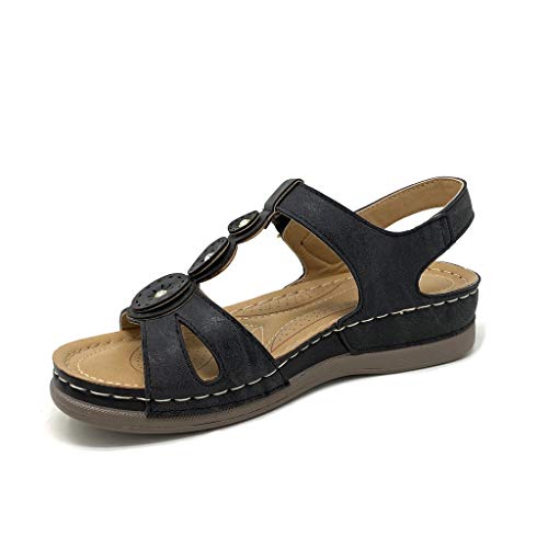 Angkorly - Zapatillas Moda Sandalias Estilo ortopedico Senior Correa-T Mujer Correas Acabado Costura Pespunte Tacón Plano 3.5 CM - Negro 18 D-90 T 36