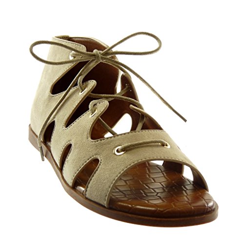 Angkorly - Zapatillas Moda Sandalias Gladiator Altas Mujer Encaje cocodrilo tacón Plano 1 CM - Beige 1022 T 36