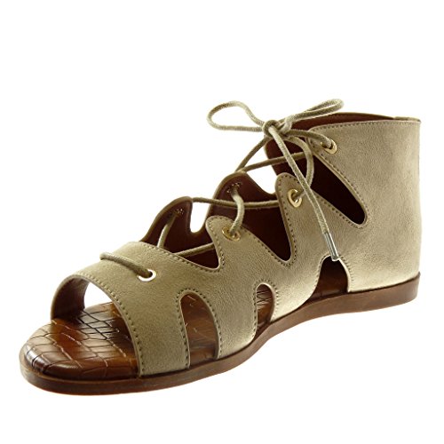 Angkorly - Zapatillas Moda Sandalias Gladiator Altas Mujer Encaje cocodrilo tacón Plano 1 CM - Beige 1022 T 36