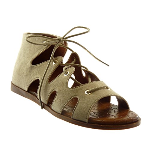 Angkorly - Zapatillas Moda Sandalias Gladiator Altas Mujer Encaje cocodrilo tacón Plano 1 CM - Beige 1022 T 36