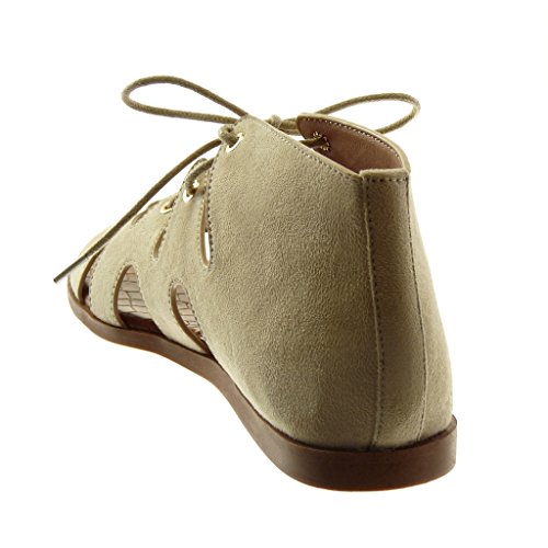 Angkorly - Zapatillas Moda Sandalias Gladiator Altas Mujer Encaje cocodrilo tacón Plano 1 CM - Beige 1022 T 36