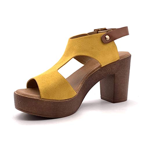 Angkorly - Zapatillas Moda Sandalias Mules Tacones Altos Vendimia/Retro Plataforma Mujer Efecto Madera Tacón Ancho Alto 8 CM - Amarillez YL127 T 36