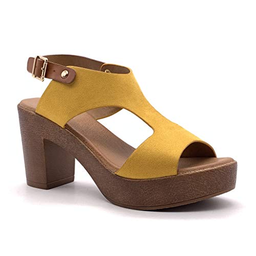 Angkorly - Zapatillas Moda Sandalias Mules Tacones Altos Vendimia/Retro Plataforma Mujer Efecto Madera Tacón Ancho Alto 8 CM - Amarillez YL127 T 36