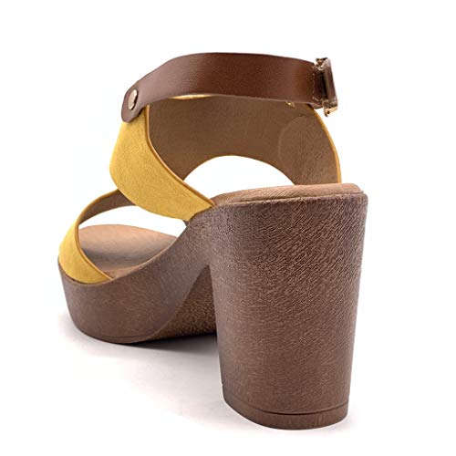 Angkorly - Zapatillas Moda Sandalias Mules Tacones Altos Vendimia/Retro Plataforma Mujer Efecto Madera Tacón Ancho Alto 8 CM - Amarillez YL127 T 36