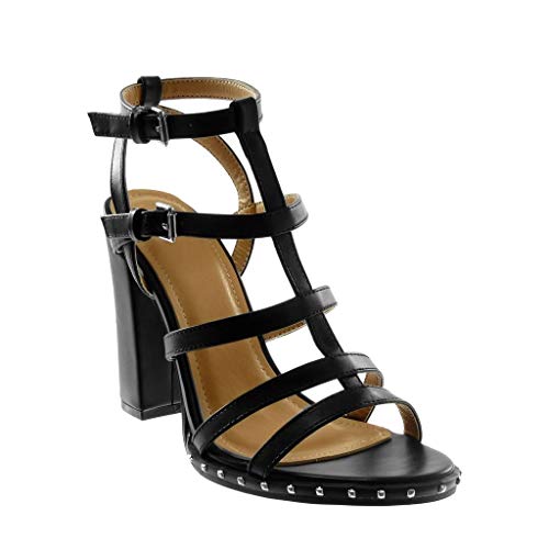 Angkorly - Zapatillas Moda Sandalias Tacón escarpín Correa de Tobillo Gladiador Mujer Multi-Correa Tacón Ancho Alto 11 CM - Negro 88-251 T 39