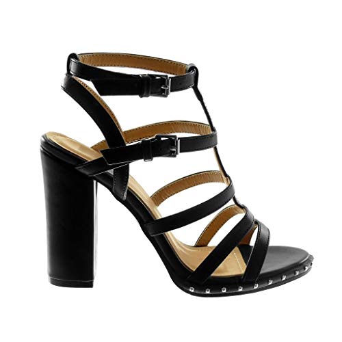 Angkorly - Zapatillas Moda Sandalias Tacón escarpín Correa de Tobillo Gladiador Mujer Multi-Correa Tacón Ancho Alto 11 CM - Negro 88-251 T 39