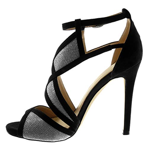 Angkorly - Zapatillas Moda Sandalias Tacón escarpín Stiletto Peep-Toe Correa de Tobillo Mujer bicolores Tanga Tacón de Aguja Alto 11.5 CM - Plata 628-175 T 37