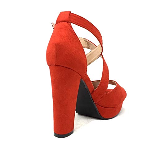 Angkorly - Zapatillas Moda Sandalias Tacón escarpín Tacones Altos Plataforma Matrimonio Ceremonia Mujer Correas Cruzadas básica  Tacón Ancho Alto 11.5 CM - Rojo B-88 T 37