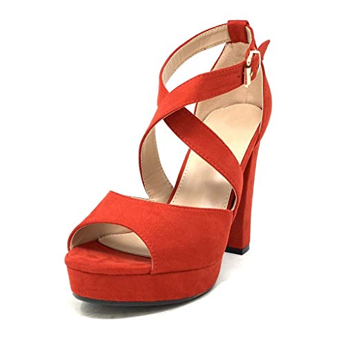 Angkorly - Zapatillas Moda Sandalias Tacón escarpín Tacones Altos Plataforma Matrimonio Ceremonia Mujer Correas Cruzadas básica  Tacón Ancho Alto 11.5 CM - Rojo B-88 T 37
