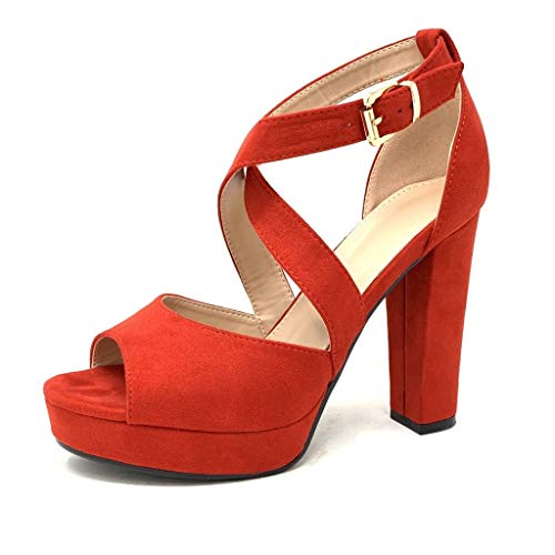 Angkorly - Zapatillas Moda Sandalias Tacón escarpín Tacones Altos Plataforma Matrimonio Ceremonia Mujer Correas Cruzadas básica  Tacón Ancho Alto 11.5 CM - Rojo B-88 T 37