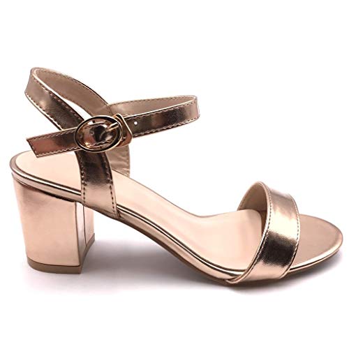 Angkorly - Zapatillas Moda Sandalias Tacón escarpín Tacones pequeños Plataforma Abierto Mujer Barnizado básica  Tacón Ancho Alto 7.5 CM - Rosa Oro FC-52 T 39