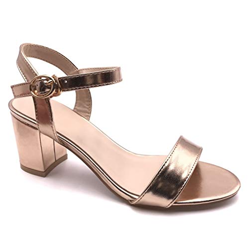 Angkorly - Zapatillas Moda Sandalias Tacón escarpín Tacones pequeños Plataforma Abierto Mujer Barnizado básica  Tacón Ancho Alto 7.5 CM - Rosa Oro FC-52 T 39