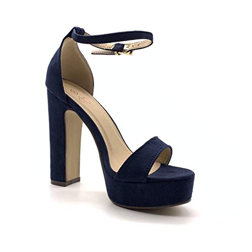 Angkorly - Zapatillas Moda Tacón escarpín Sandalias Tacones Altos Plataforma Abierto Mujer Simple básica Tanga Tacón Ancho Alto 13.5 CM - Azul Marino 59 T 39