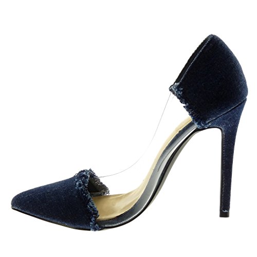Angkorly - Zapatillas Moda Tacón escarpín Slip-on Decollete Jeans Denim Mujer deshilachada Transparente Tacón de Aguja Alto 11 CM - Azul Oscuro G89-5 T 38