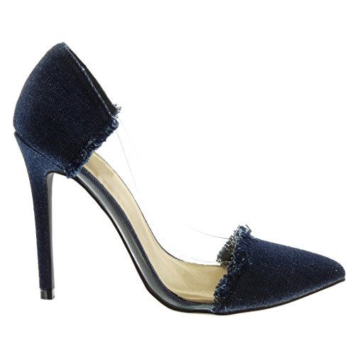 Angkorly - Zapatillas Moda Tacón escarpín Slip-on Decollete Jeans Denim Mujer deshilachada Transparente Tacón de Aguja Alto 11 CM - Azul Oscuro G89-5 T 38