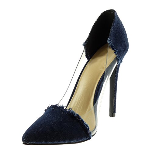 Angkorly - Zapatillas Moda Tacón escarpín Slip-on Decollete Jeans Denim Mujer deshilachada Transparente Tacón de Aguja Alto 11 CM - Azul Oscuro G89-5 T 38