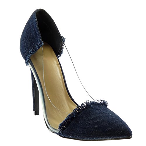 Angkorly - Zapatillas Moda Tacón escarpín Slip-on Decollete Jeans Denim Mujer deshilachada Transparente Tacón de Aguja Alto 11 CM - Azul Oscuro G89-5 T 38