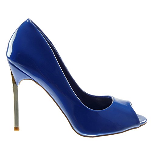 Angkorly - Zapatillas Moda Tacón escarpín Slip-on Peep-Toe Decollete Mujer Patentes Tacón de Aguja Alto 10.5 CM - Azul eléctrico 628-113 T 37