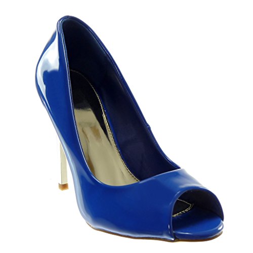 Angkorly - Zapatillas Moda Tacón escarpín Slip-on Peep-Toe Decollete Mujer Patentes Tacón de Aguja Alto 10.5 CM - Azul eléctrico 628-113 T 37